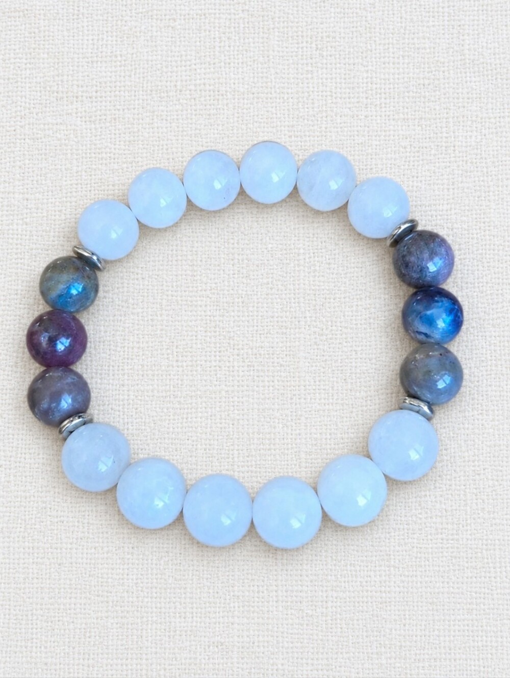 Ruby Sapphire & White Jade Beaded Stretch Bracelet | Handmade